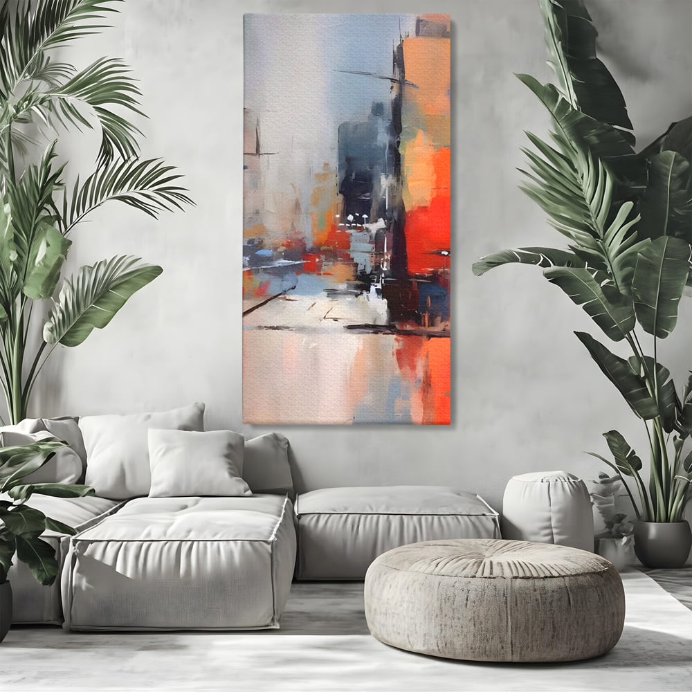 Tablou canvas cu pictura abstracta cu oras si cladiri, fara rama, pe sasiu de lemn, pe perete intr-un living